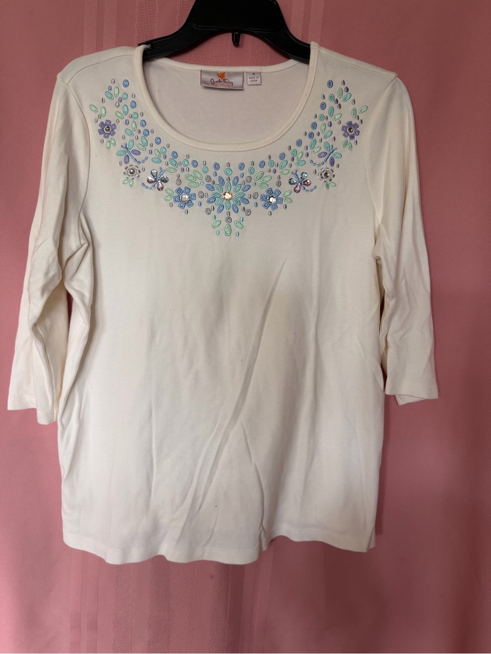 Quacker Factory Cream Long Sleeve Scoop Neck Top with Floral Embellishment